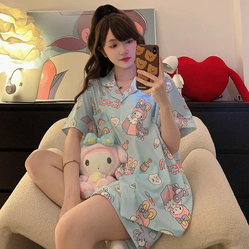 150kg Plus Size Ins Cartoon Pajamas Set Korean Student Summer Internet Celebrity Girl Short Sleeve Shorts Thin Loose Homewear