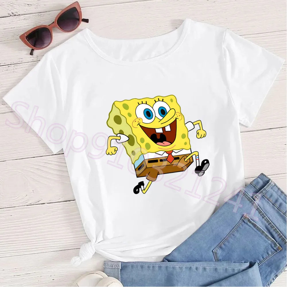 Summer Cartoon Spongebob T Shirt O-Neck Aesthetics TShirt Print Casual Short Sleeve Streetwear Harajuku Women Top Clothes