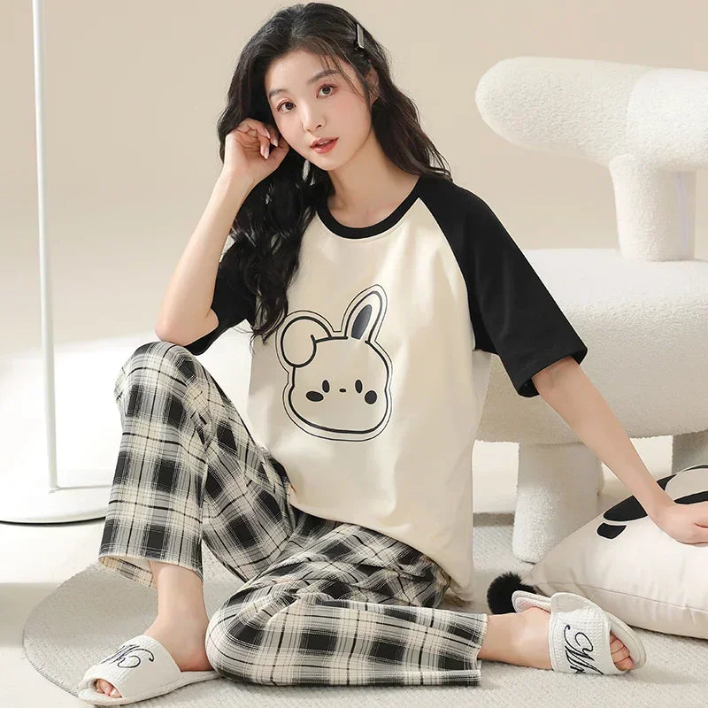 Spring Summer Women Pajamas Soft Cotton Cute Rabbit Print Pijamas Short Sleeved Plaid Pants Sleepwear Fashion Home Wear