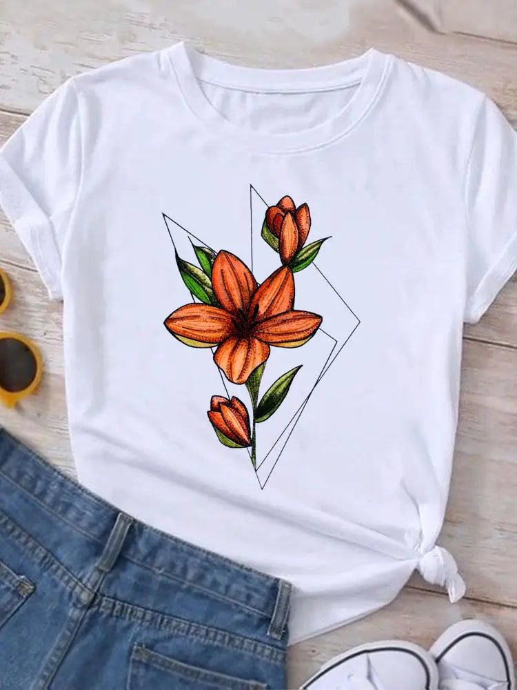 Graphic T Shirt Casual Clothing Summer Short Sleeve Cute Lovely Sweet Flower Women Print Fashion Clothes Tee T-shirt Female Top