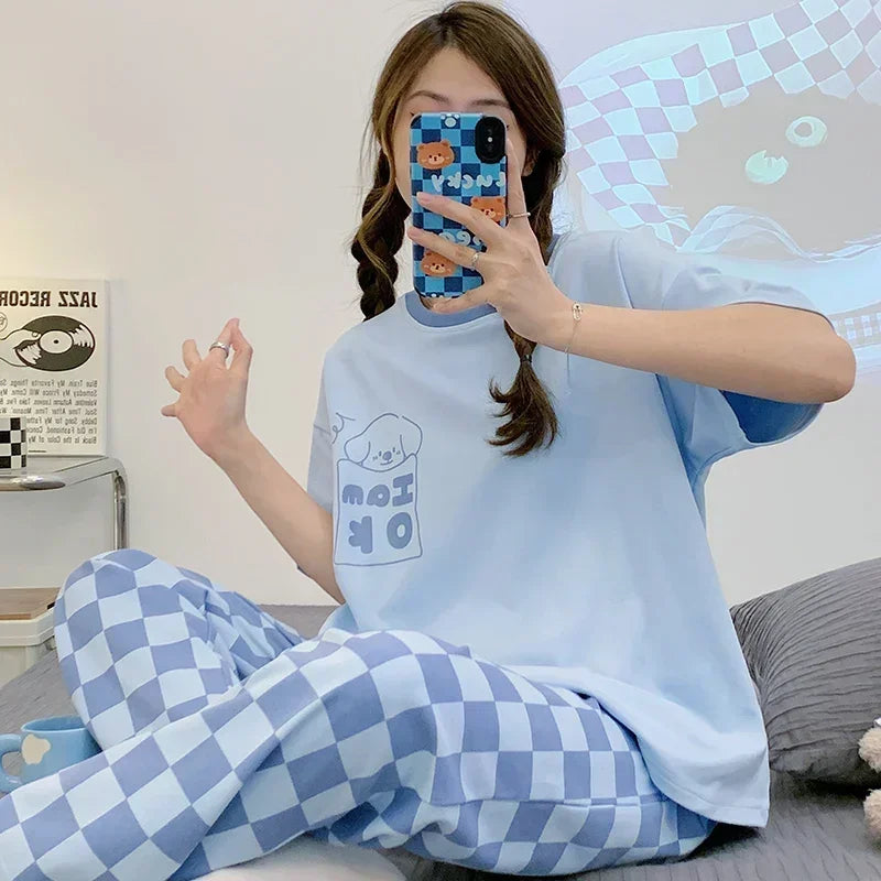 Spring Summer Women Pajamas Soft Cotton Cute Rabbit Print Pijamas Short Sleeved Plaid Pants Sleepwear Fashion Home Wear