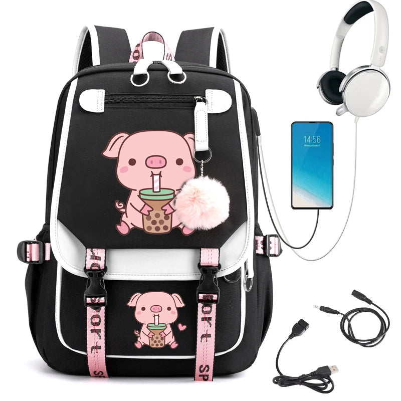 Women Fashion Backpack Female Waterproof Back Bag Pig Boba Tea Cartoon School Backpack for Girl Student Schoolbag Usb Charging