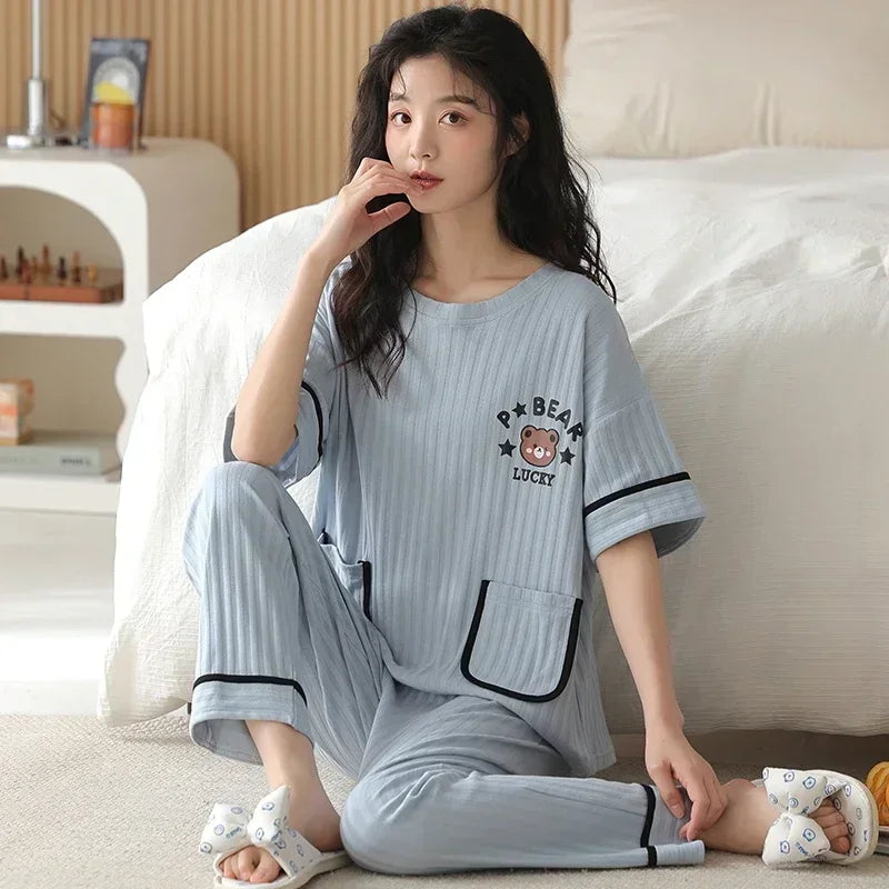 New Pajama Cartoon Cotton Pajamas for Women Summer Short Sleeved Long Pants Sleepwear Korean Fashion Rabbit Print Home Clothing