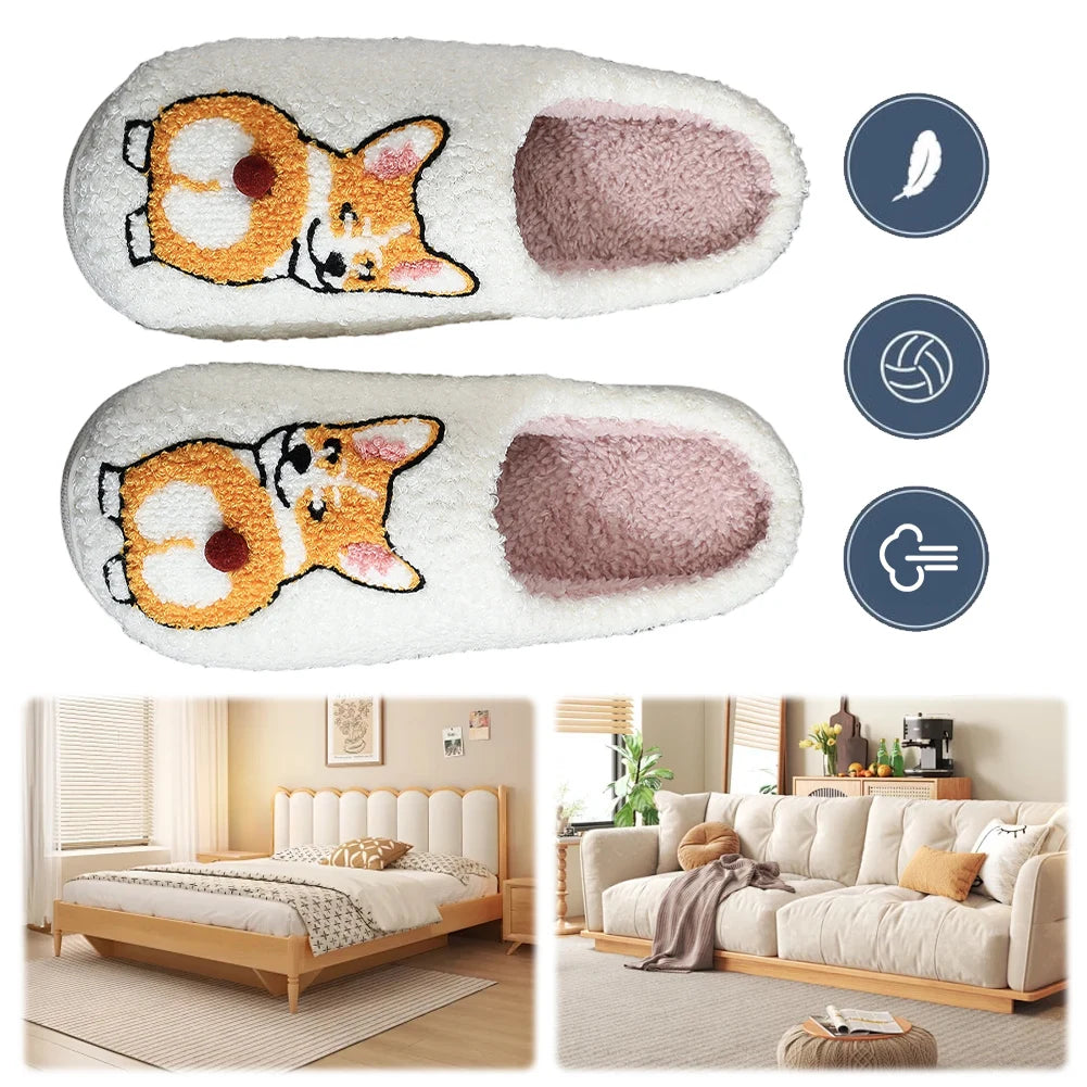 Plush Dog Slippers Closed Toe Slippers Anti Slip Cartoon Animal Slippers Comfortable Thermal Corgi Slippers for Indoor Bedroom