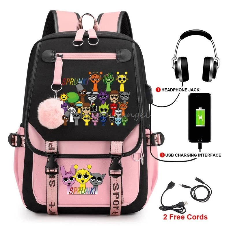 Hot Fashion New Sprunki USB Charging Bookbag Women Back Pack Laptop School Bags for Teenage Girls Boys Schoolbag Best Gift