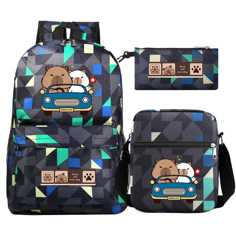 Cute Capybara 3Pcs Boy Girl Kids Back To School Book Bags Travel Student Backpack Shoulder Bag Pen Bags For Men Women