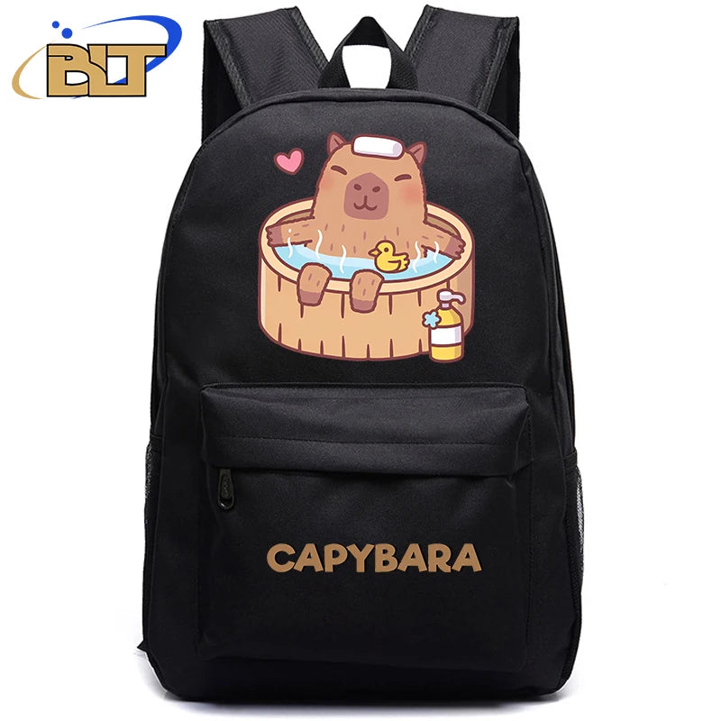 Cute Animal Capybara Print Black Backpack Teenager Student Schoolbag Boys Girls Gift