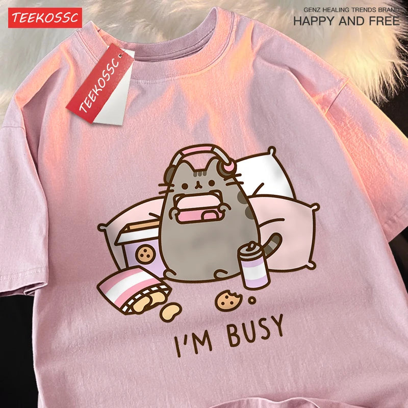 Sorry I'M Busy Cat Playing Games With Headphones Man T Shirt High Quality Brand Clothing Loose T Shirts Cotton Shirt Tops Couple