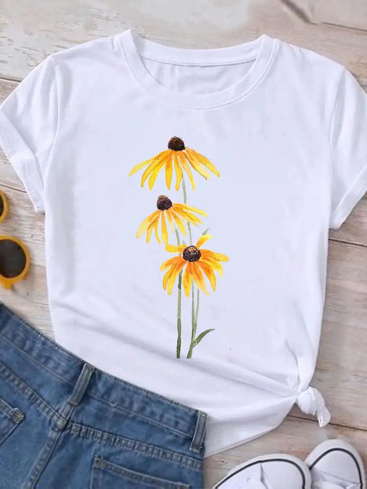 Graphic T Shirt Casual Clothing Summer Short Sleeve Cute Lovely Sweet Flower Women Print Fashion Clothes Tee T-shirt Female Top