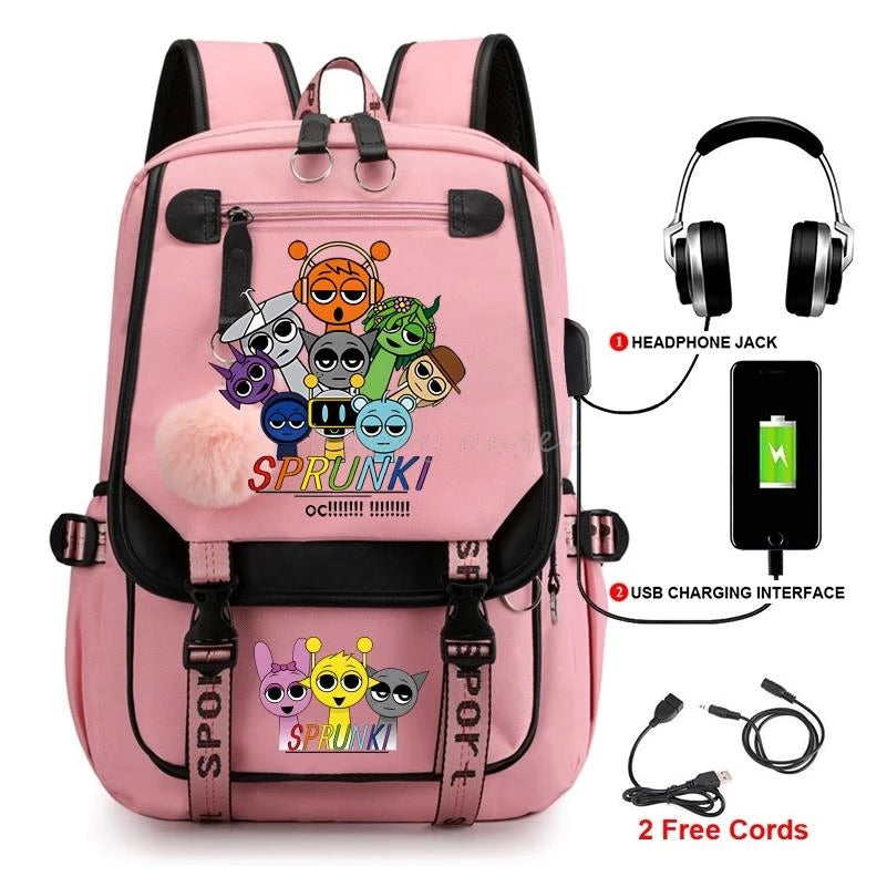 Hot Fashion New Sprunki USB Charging Bookbag Women Back Pack Laptop School Bags for Teenage Girls Boys Schoolbag Best Gift