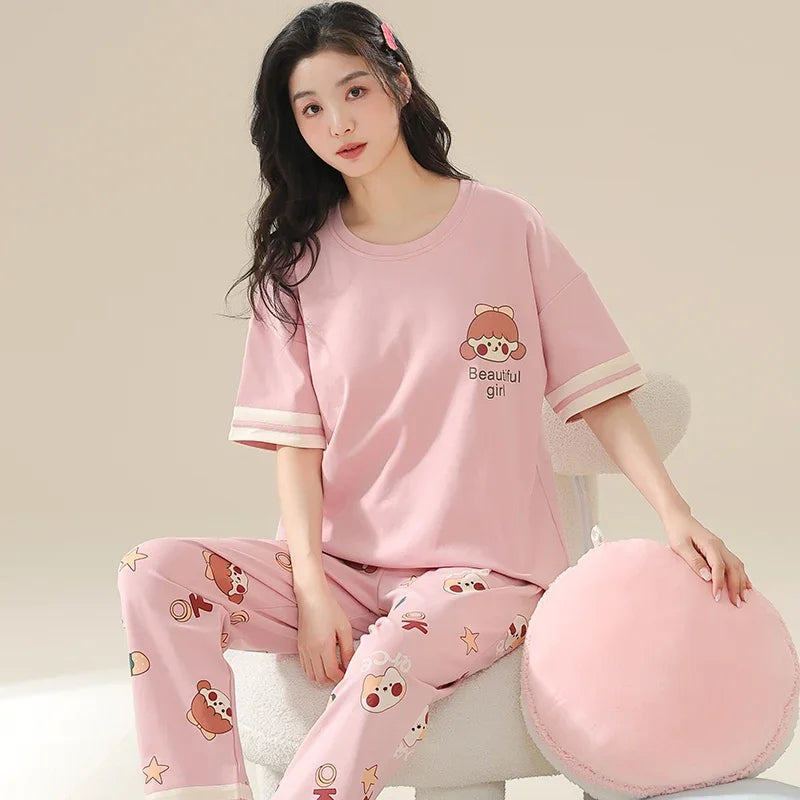 New Pajama Cartoon Cotton Pajamas for Women Summer Short Sleeved Long Pants Sleepwear Korean Fashion Rabbit Print Home Clothing