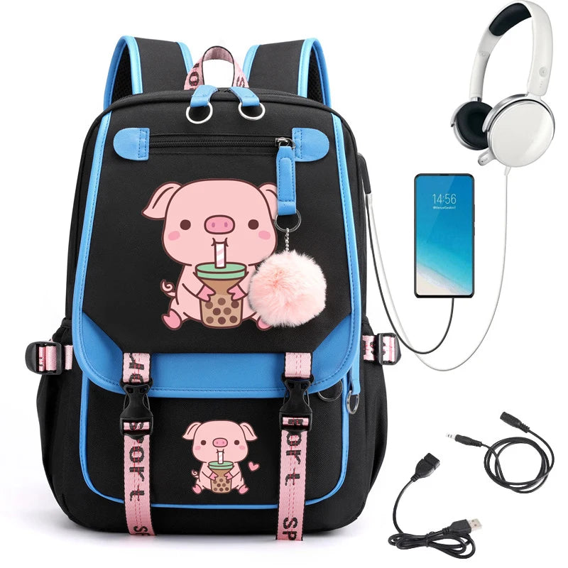 Women Fashion Backpack Female Waterproof Back Bag Pig Boba Tea Cartoon School Backpack for Girl Student Schoolbag Usb Charging