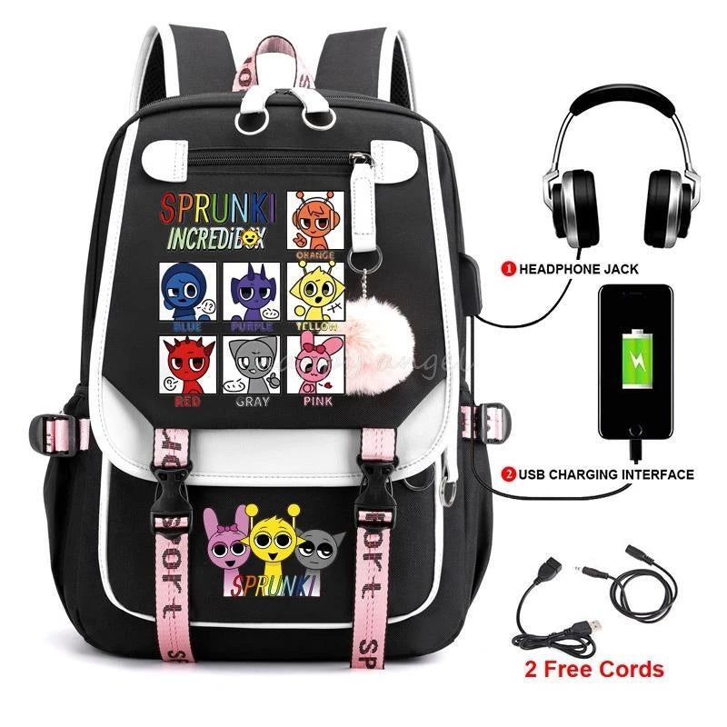 Hot Fashion New Sprunki USB Charging Bookbag Women Back Pack Laptop School Bags for Teenage Girls Boys Schoolbag Best Gift