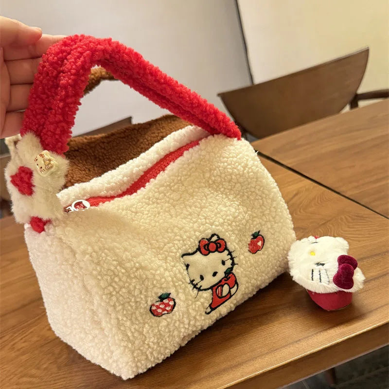 2025 New Cute Hello Kitty Lamb Hair Handbag Girly Heart Large Capacity Embroidered Bucket Bag Portable Cosmetic Bag Storage Bag