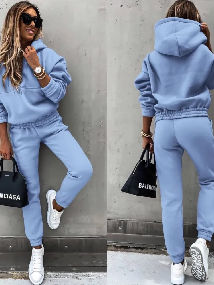 Autumn Winter New Solid Color Long Sleeve Hoodie Women's Casual Suit Fashion Loose Sports Hoodie + Small Foot Pants 2 Piece Set