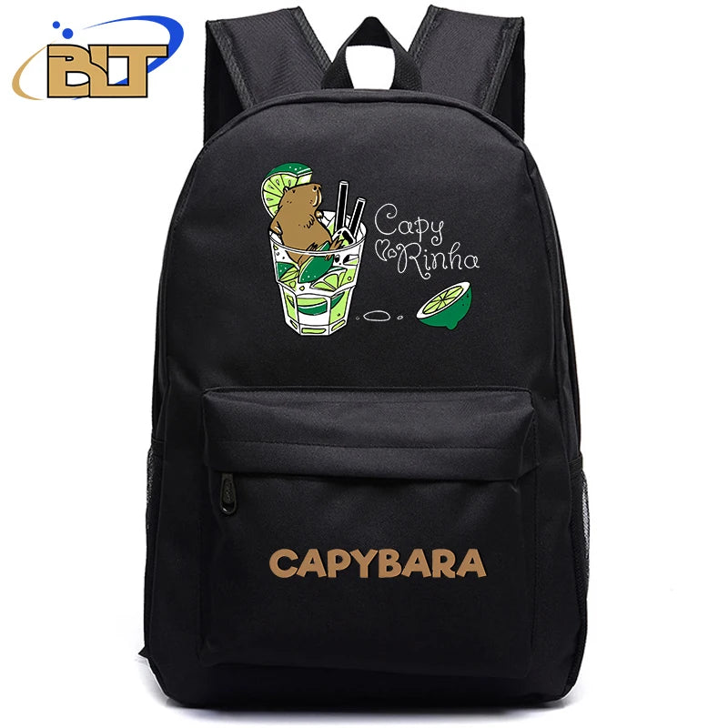 Cute Animal Capybara Print Black Backpack Teenager Student Schoolbag Boys Girls Gift