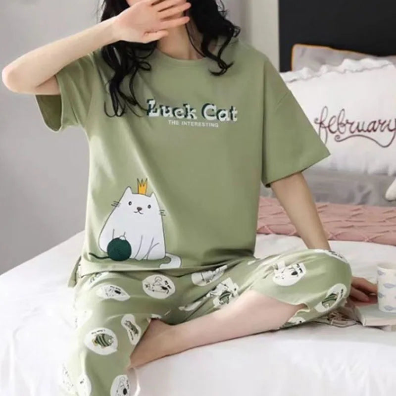 Women Pajamas Sets Plus Size Summer Silk Sleepwear Ladies Thin Short-Sleeved Seven Pants O-Neck Casual Cat Home Wear Night Wear