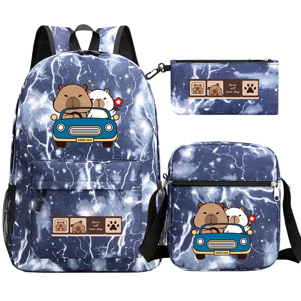 Cute Capybara 3Pcs Boy Girl Kids Back To School Book Bags Travel Student Backpack Shoulder Bag Pen Bags For Men Women