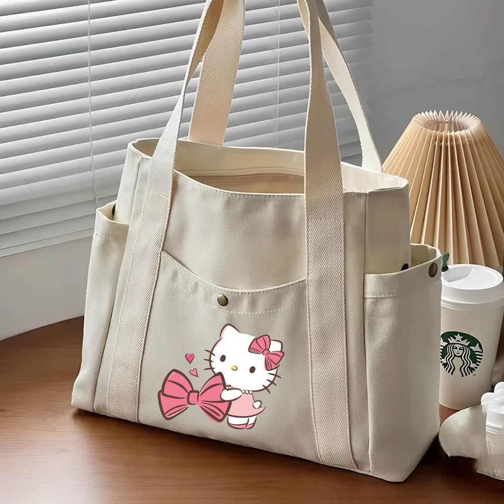 Hello Kitty Large Capacity Canvas Tote Bags Work Commuting Carrying Bag College Style Student Outfit Book Shoulder Shopping Bag