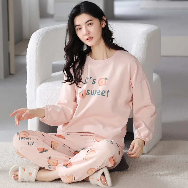 Women's Nightwear Plus Size Cartoon Bear Student Pajamas Homewear Ladies Long Sleeves Plaid Long Trousers Sleepwear Loungewear