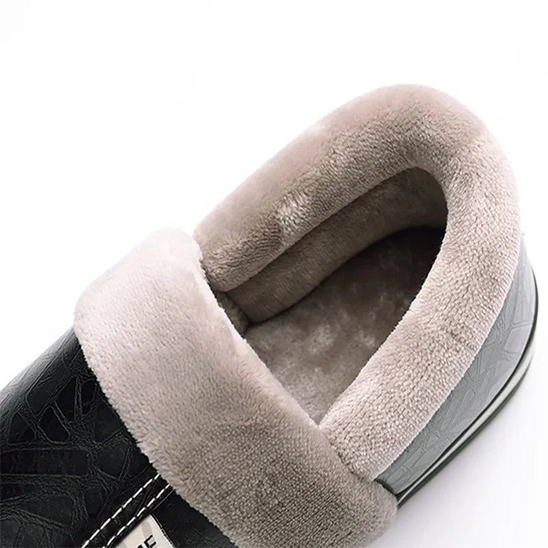 Men's Home Winter Slippers Home Warm Shoes Thick Bottom Plush Waterproof PU Leather Home Couples Cotton Flat Couple Shoes