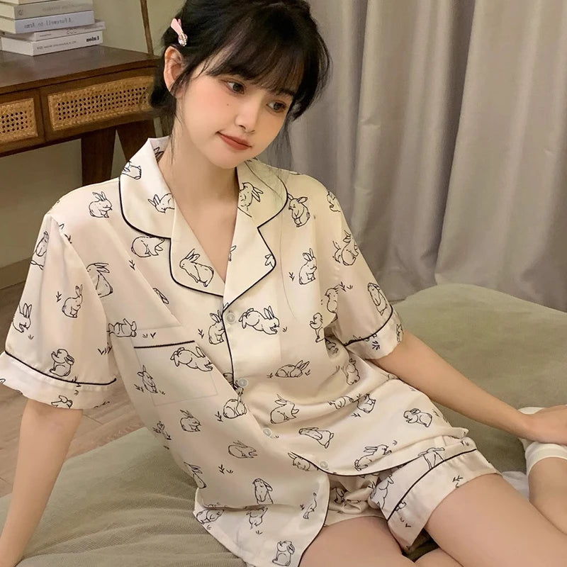 Korean Cartoon Cats Print Short Pajamas for Women Y2k 2024 New Fashion Casual Female Lounges Simulated Silk Lady House Clothing