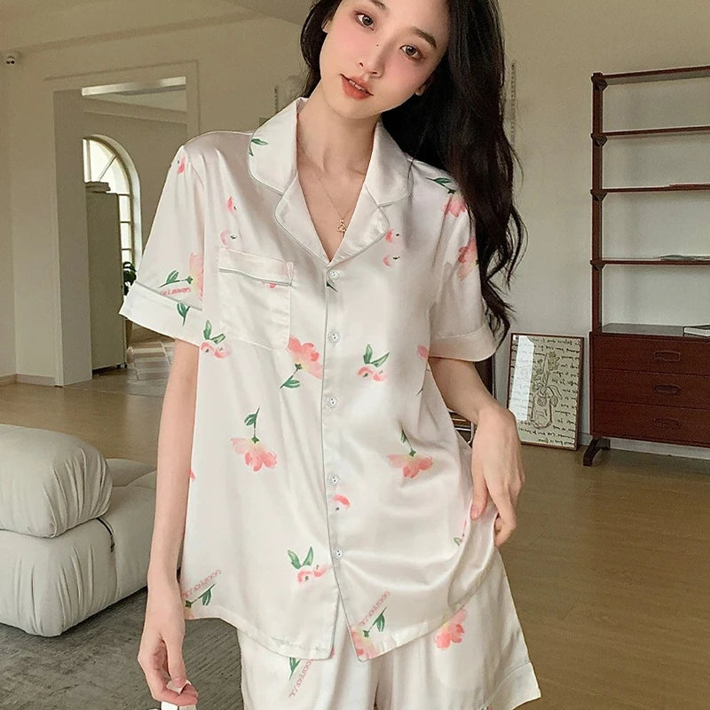 Korean Cartoon Cats Print Short Pajamas for Women Y2k 2024 New Fashion Casual Female Lounges Simulated Silk Lady House Clothing