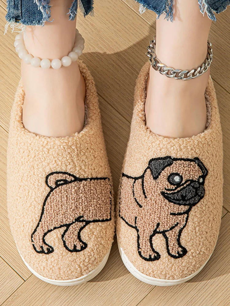 Cartoon Cat Puppy Embroidered Home Slippers Women 2024 Winter Closed Toe Cotton Slippers Woman Non Slip Flat Heels Indoor Shoes