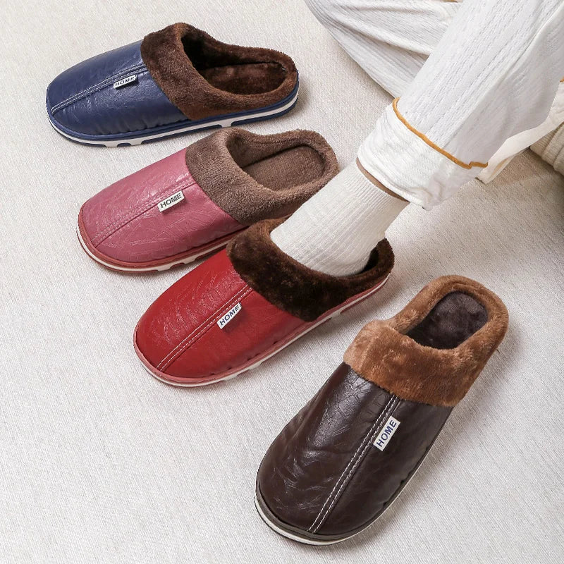 Men's Soft Plush Cozy House Casual Slippers Waterproof Anti-skid Slip-on Shoes Fuzzy Lining Indoor Walk Autumn Winter Couples