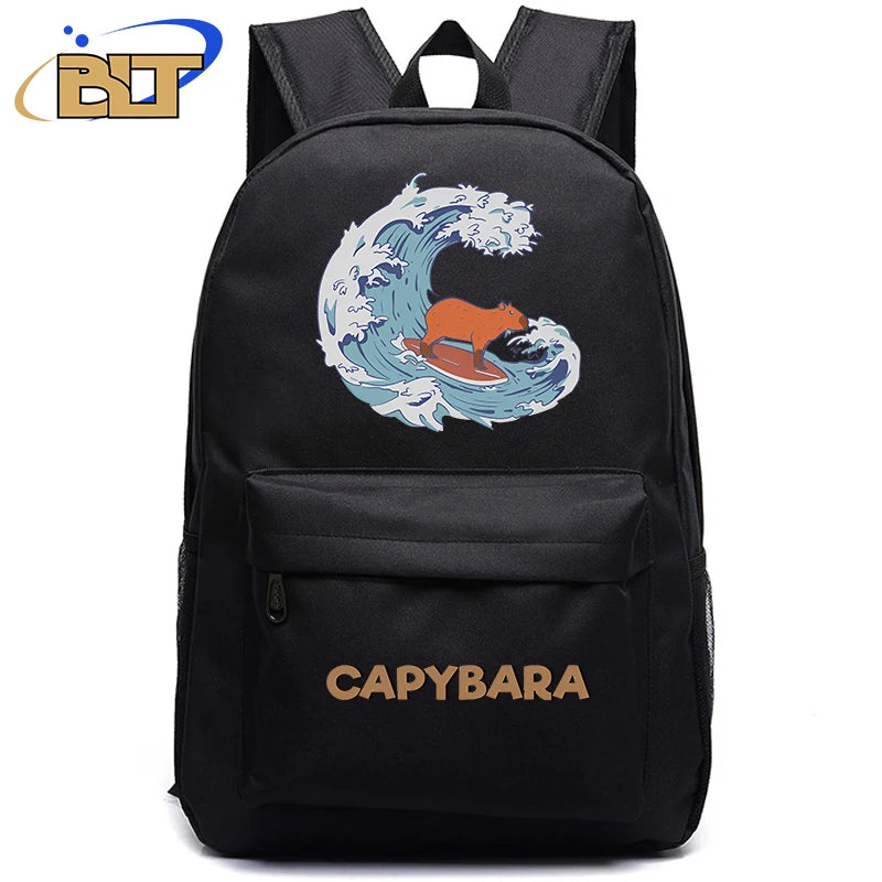 Cute Animal Capybara Print Black Backpack Teenager Student Schoolbag Boys Girls Gift