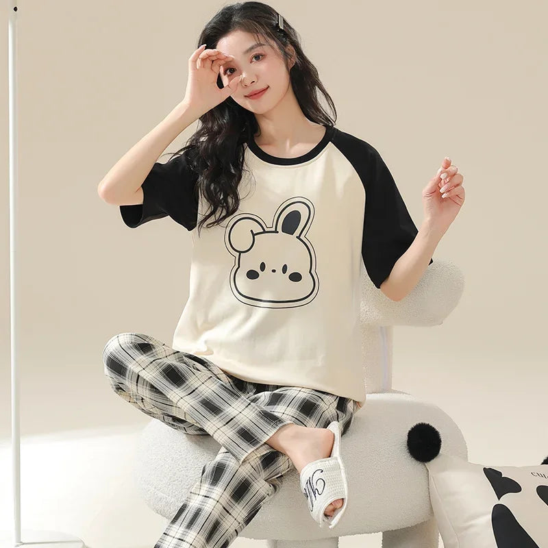 New Pajama Cartoon Cotton Pajamas for Women Summer Short Sleeved Long Pants Sleepwear Korean Fashion Rabbit Print Home Clothing