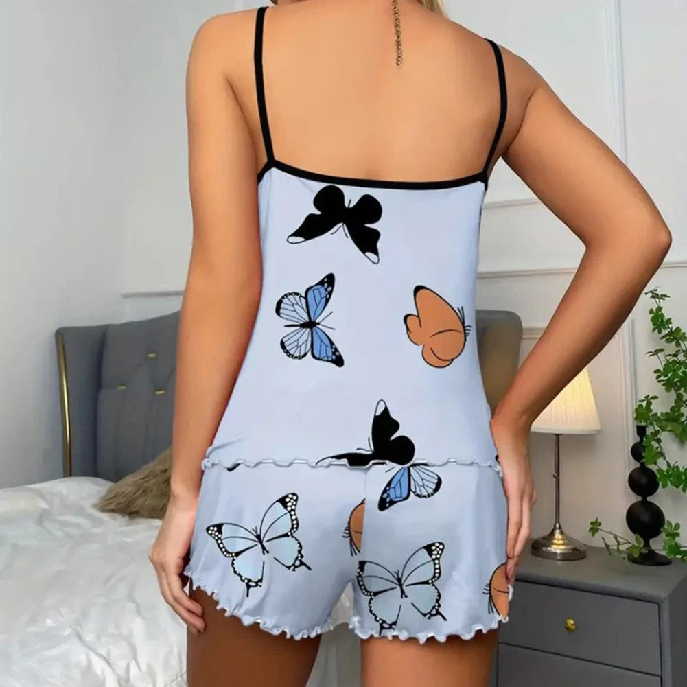 Womens Butterfly Print Pajamas Suit Comfortable Stylish Casual Soft Vest Shorts