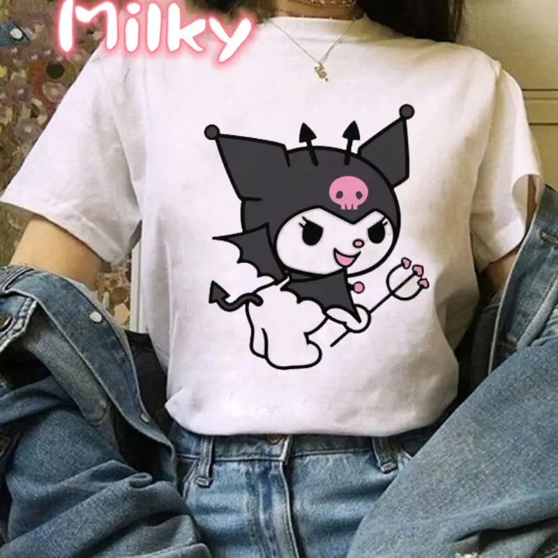 Kawaii My Melody T Shirt Oversized Kuromi Printed Cartoon T-shirts Streetwear Short Sleeve Cute Sweet Girl Tops Women Clothing