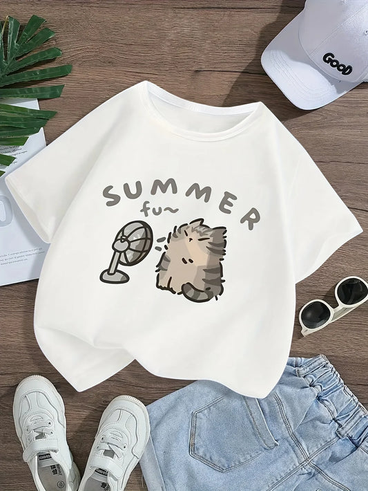 Cute Cartoon Cat & Fan Graphic Print Tee, Girls Casual & Trendy T-shirt For Spring & Summer, Girls Comfy Clothes For Street Wear