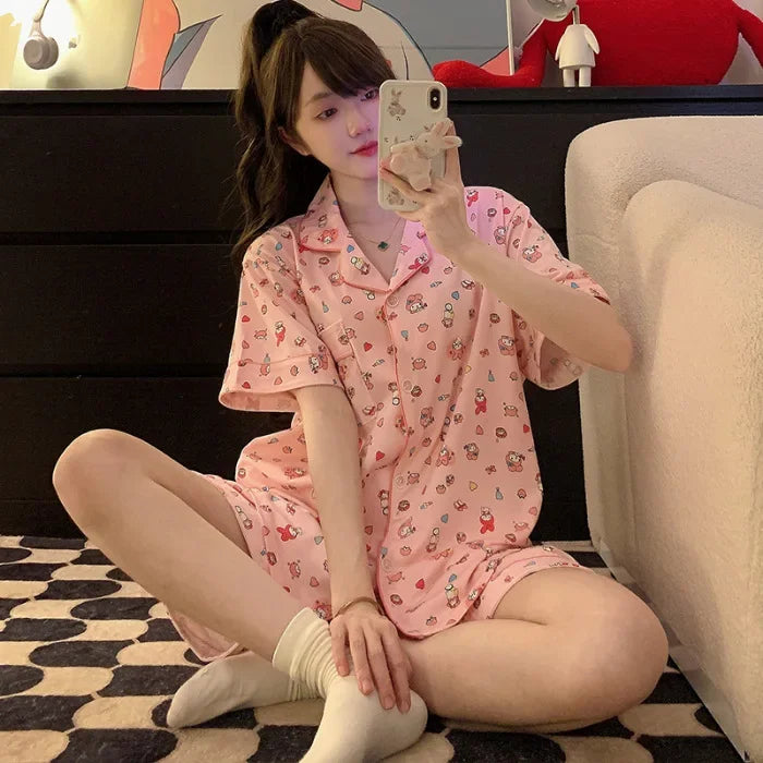 150kg Plus Size Ins Cartoon Pajamas Set Korean Student Summer Internet Celebrity Girl Short Sleeve Shorts Thin Loose Homewear