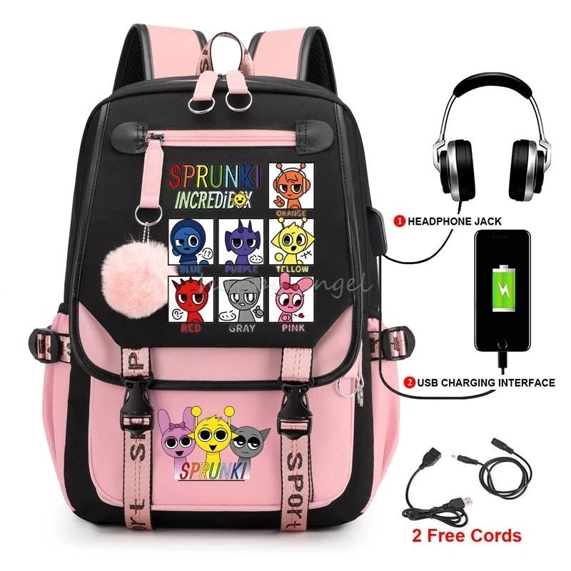 Hot Fashion New Sprunki USB Charging Bookbag Women Back Pack Laptop School Bags for Teenage Girls Boys Schoolbag Best Gift