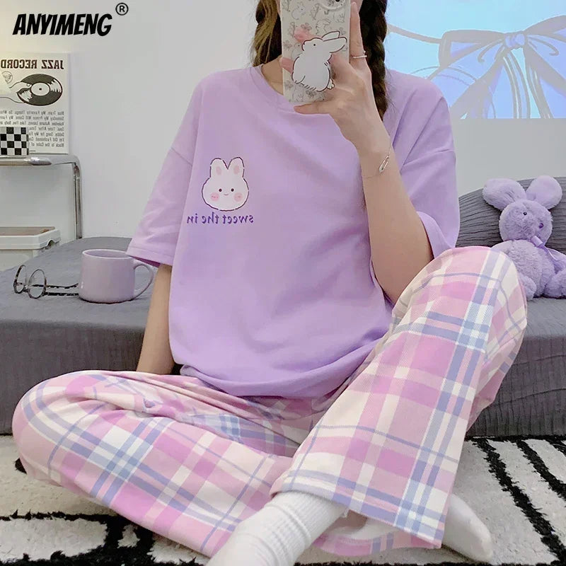 Spring Summer Women Pajamas Soft Cotton Cute Rabbit Print Pijamas Short Sleeved Plaid Pants Sleepwear Fashion Home Wear