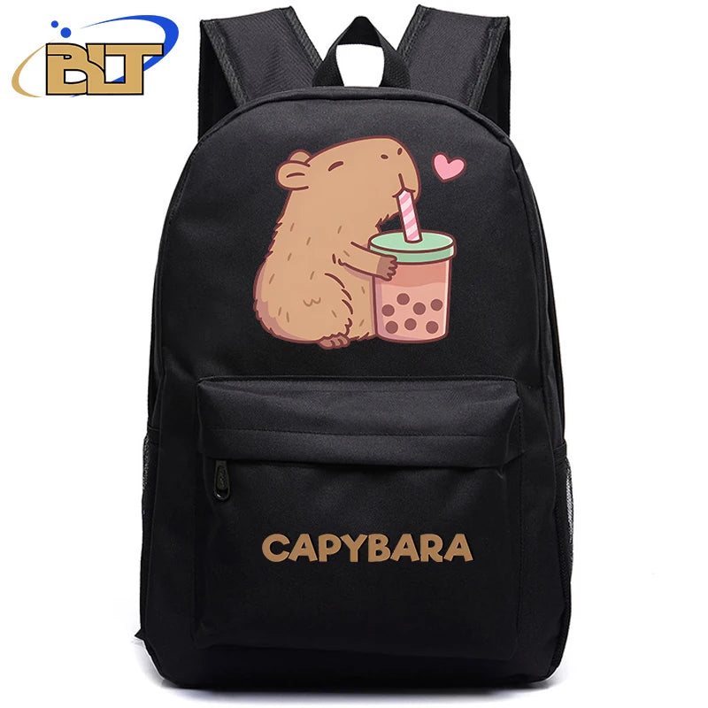 Cute Animal Capybara Print Black Backpack Teenager Student Schoolbag Boys Girls Gift