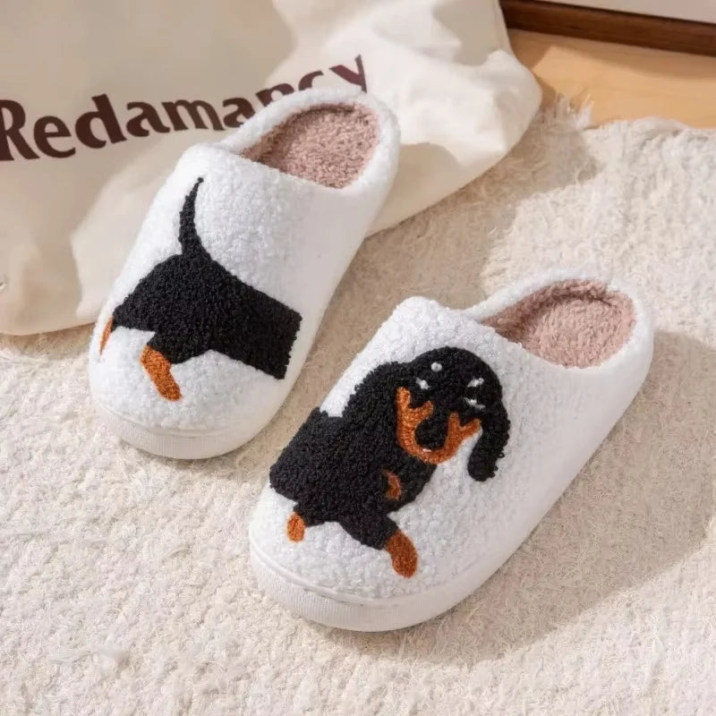 Dachshund Embroidery Print Plush Slippers For Home Warmth Thick Sole Ladies Lamb Wool Slippers Cartoon Cat Couple Cotton Slipper