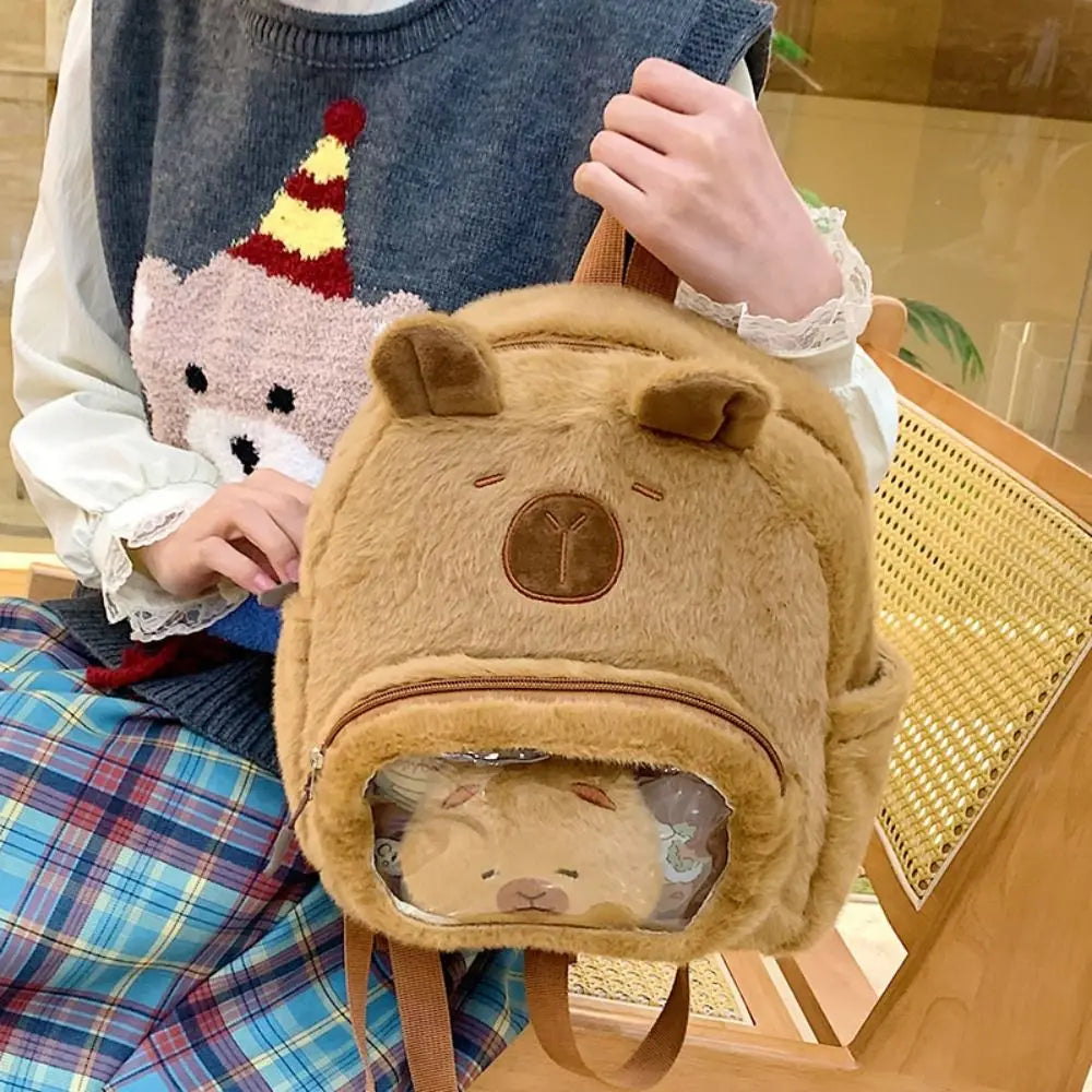 Kawaii Cartoon Capybara Plush Backpack See-through Without Capibara Doll Plushie Doll Fur Bag Capybara Pain Bag