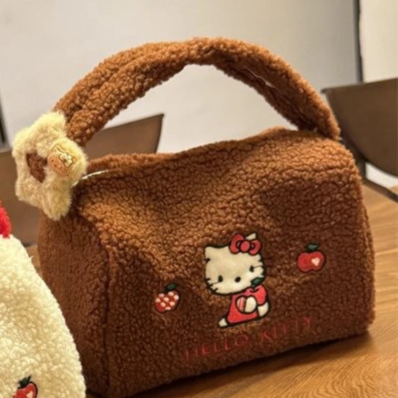 2025 New Cute Hello Kitty Lamb Hair Handbag Girly Heart Large Capacity Embroidered Bucket Bag Portable Cosmetic Bag Storage Bag