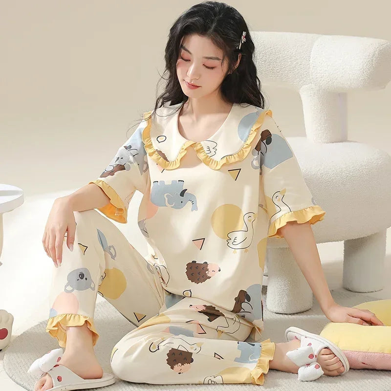 Spring Summer Women Pajamas Soft Cotton Cute Rabbit Print Pijamas Short Sleeved Plaid Pants Sleepwear Fashion Home Wear