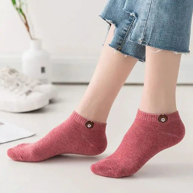 10 Pairs Women Low Tube Socks Set Cute Bear Pattern Fashion Breathable For Female Casual Style Comfortable Socks