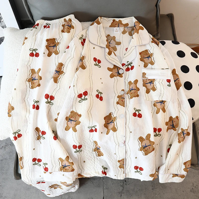 Cartoon Cherry Bear Kawaii Women's Pajamas Harajuku Cute Y2K Pajamas for Women Long Sleeve Top & Elastic Waist Pants Sleepwear