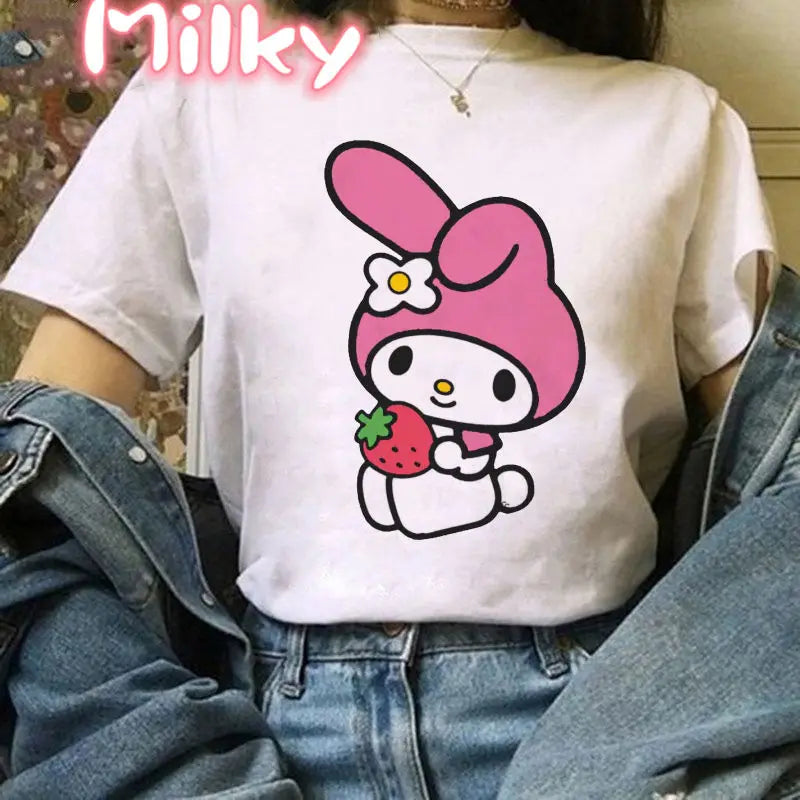 Kawaii My Melody T Shirt Oversized Kuromi Printed Cartoon T-shirts Streetwear Short Sleeve Cute Sweet Girl Tops Women Clothing