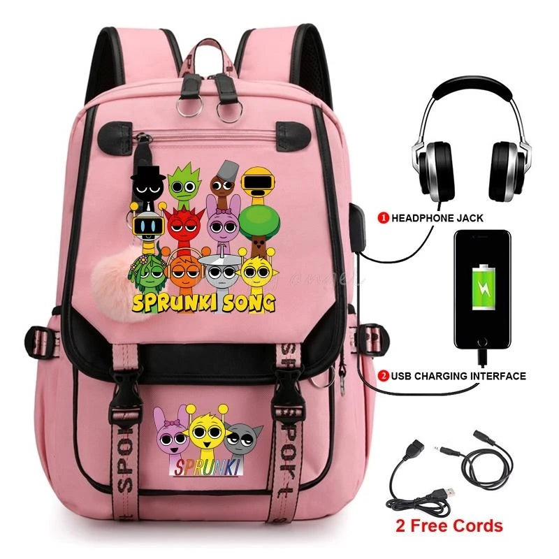 Hot Fashion New Sprunki USB Charging Bookbag Women Back Pack Laptop School Bags for Teenage Girls Boys Schoolbag Best Gift