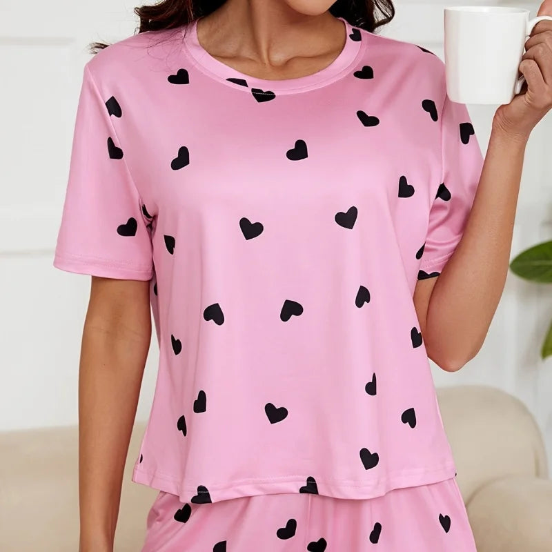 2025 Summer New Women's Pajamas Homewear Set Girls Short-Sleeved Shorts Love Print Knitted Fashion Soft Pajamas Homewear