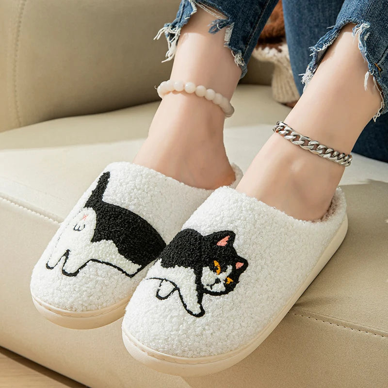 Cartoon Cat Puppy Embroidered Home Slippers Women 2024 Winter Closed Toe Cotton Slippers Woman Non Slip Flat Heels Indoor Shoes