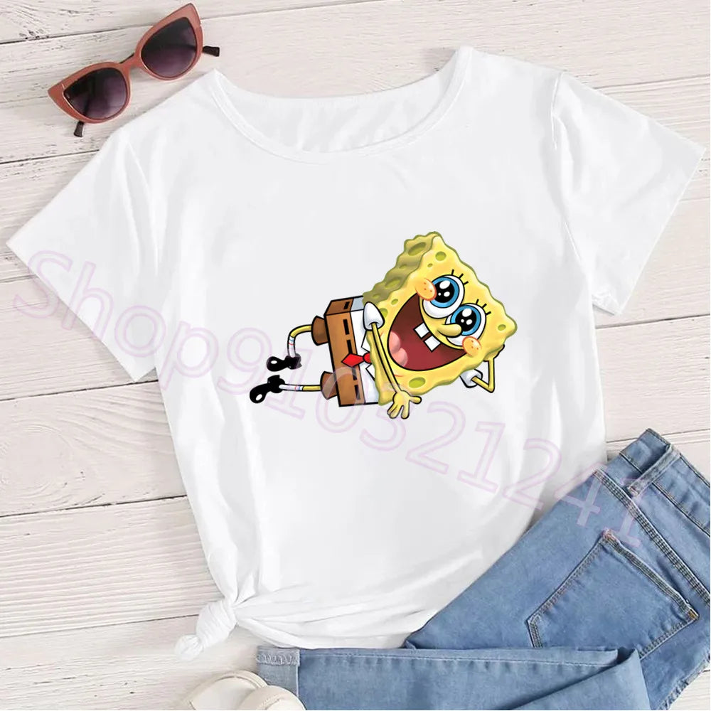 Summer Cartoon Spongebob T Shirt O-Neck Aesthetics TShirt Print Casual Short Sleeve Streetwear Harajuku Women Top Clothes