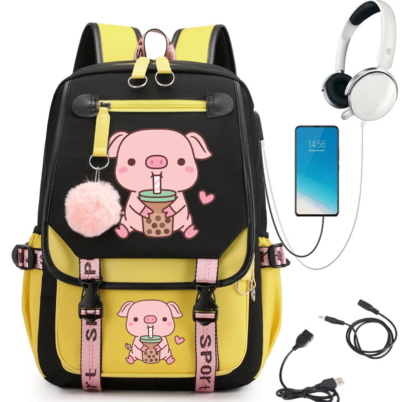 Women Fashion Backpack Female Waterproof Back Bag Pig Boba Tea Cartoon School Backpack for Girl Student Schoolbag Usb Charging